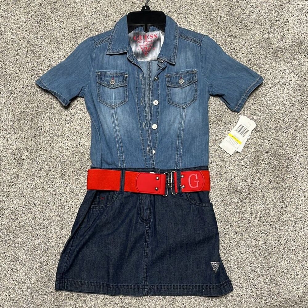 Classic VTG 90s Style NWT Guess Brand Girls (L -10/12) Denim Dress with Red Belt